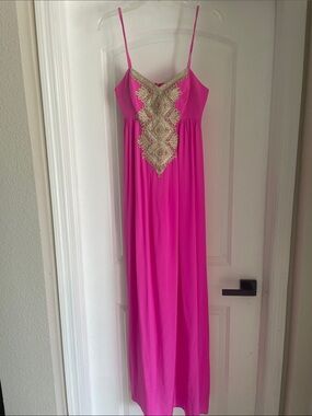 Lilly Pulitzer Kelsea Pink Maxi Dress with Gold Embellished Bodice